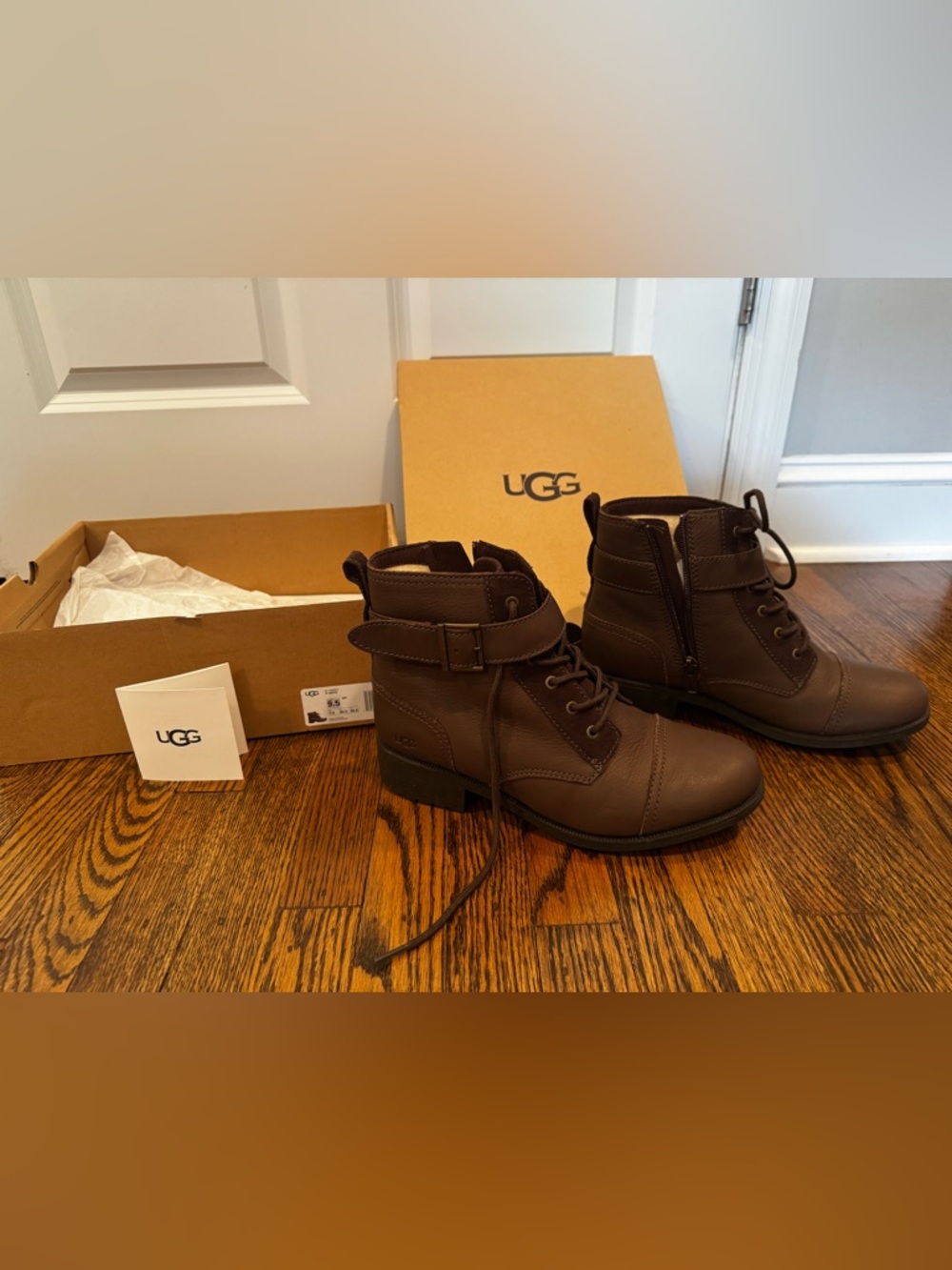 IN BOX—UGG “Jaidyn” Chocolate Brown Leather Lace-Up Zip Ankle Boots with Buckle